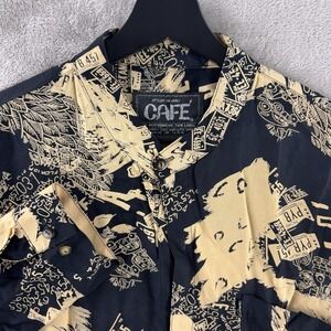Vintage Cafe Abstract Button Down Shirt Mens Size 2 Black Beige Long Sleeve